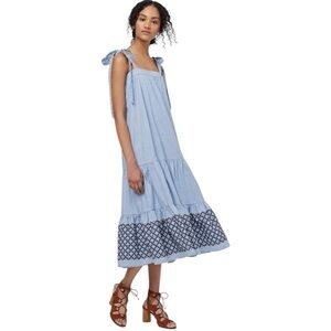 Rebecca Minkoff midi dress chambray denim embroidered cotton size Small tiered